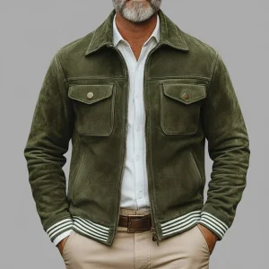 Chaqueta Retro de Ante Verde Caqui