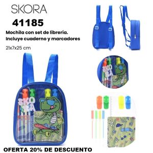 41185 Mochila con Set librería incluye cuaderno Dino saketer Azul