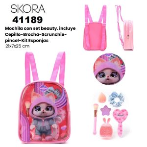 41189 Mochila con Set Beauty Gatito con orejitas con Cepillo – Brocha – Scrunchie – Pincel – Kit esponjas