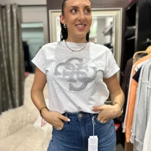 Camiseta Guess cuadrada logo 4g brillo blanca