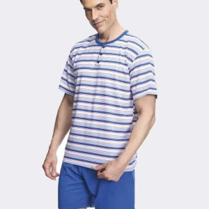 Pijama de hombre corto punto VERANO tapeta con botones camiseta rayas azules
