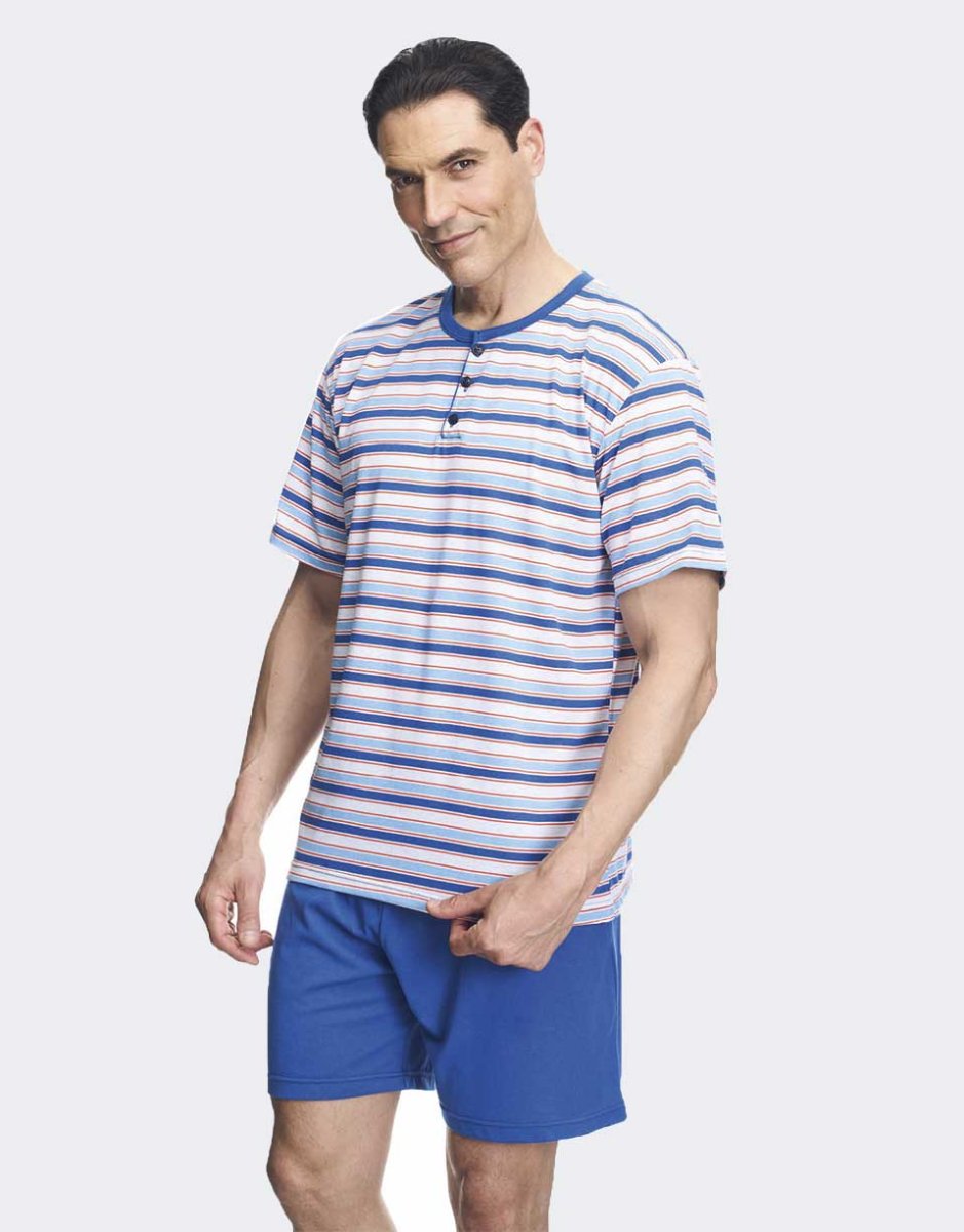Pijama de hombre corto punto VERANO tapeta con botones camiseta rayas azules - Imagen 2