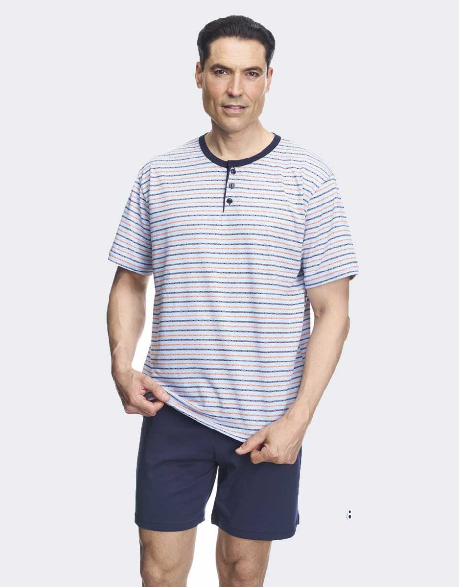Pijama hombre corto punto VERANO con tapeta botones camiseta con líneas a colores