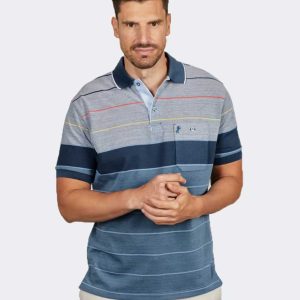 Polo punto piqué de hombre manga corta con bolsillo  en azules con rayas finas de varios colores