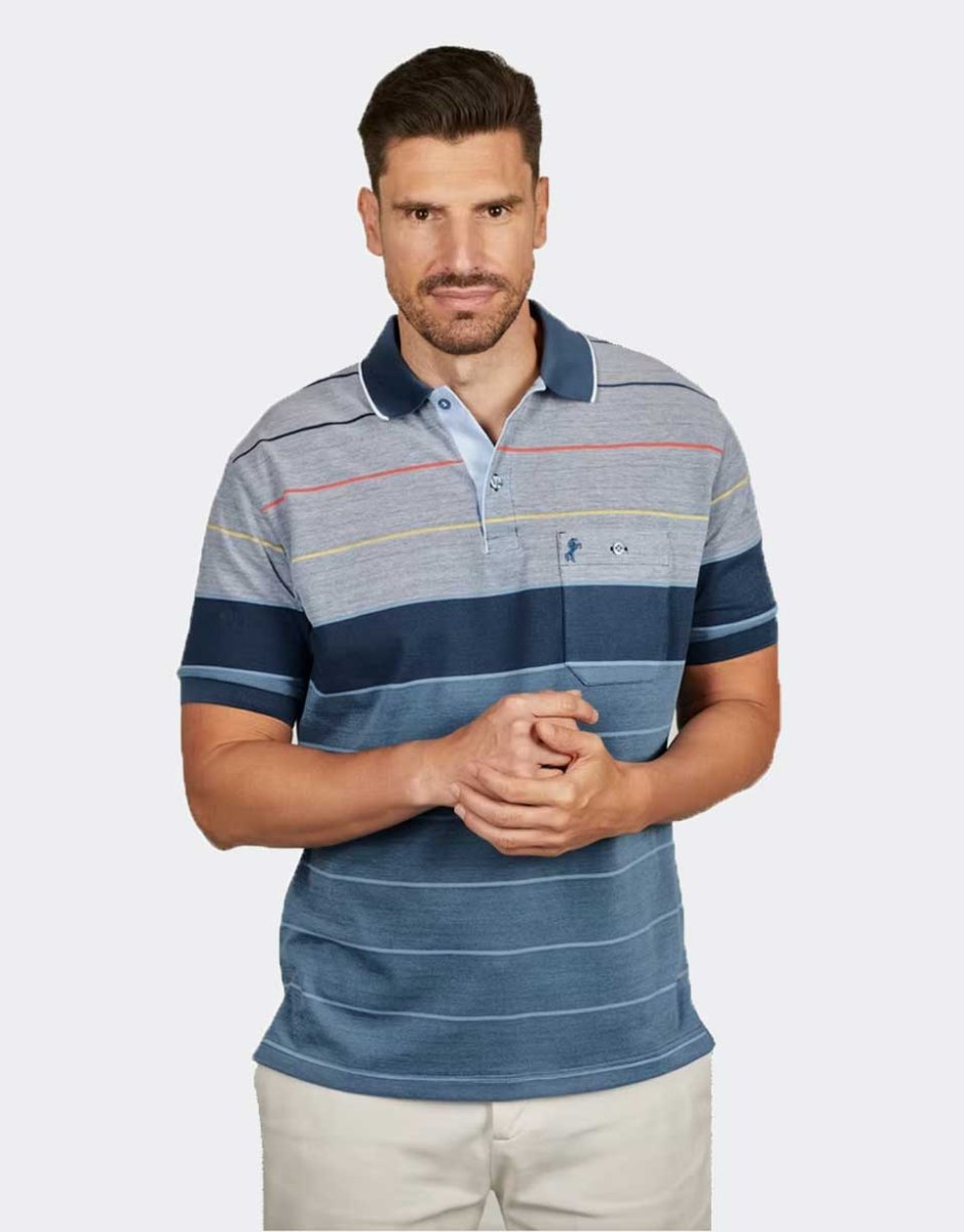 Polo punto piqué de hombre manga corta con bolsillo en azules con rayas finas de varios colores - Imagen 2