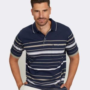 Polo hombre punto con bolsillos a rayas desiguales en blanco y gris