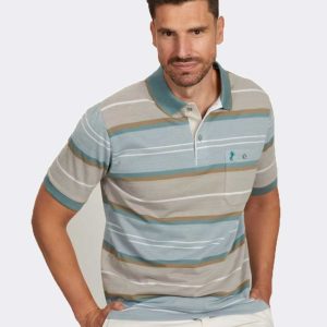 Polo con bolsillo piqué manga de hombre punto corta con rayas de diferentes tonos azulados y neutros