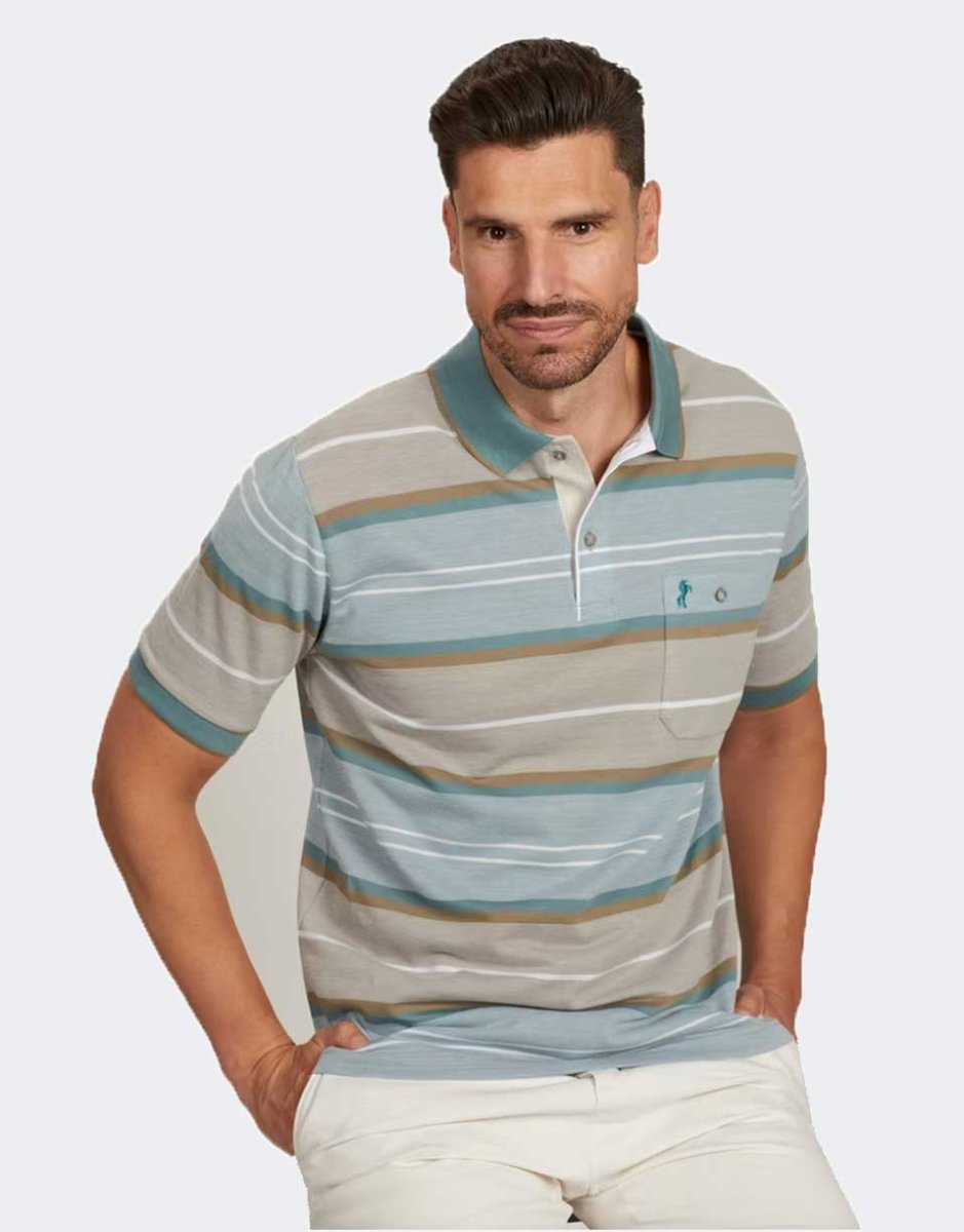 Polo con bolsillo piqué manga de hombre punto corta con rayas de diferentes tonos azulados y neutros - Imagen 2