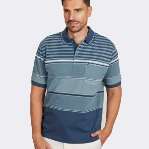 Polo punto piqué con bolsillos de hombre manga corta con rayas y franjas en azules y blanco