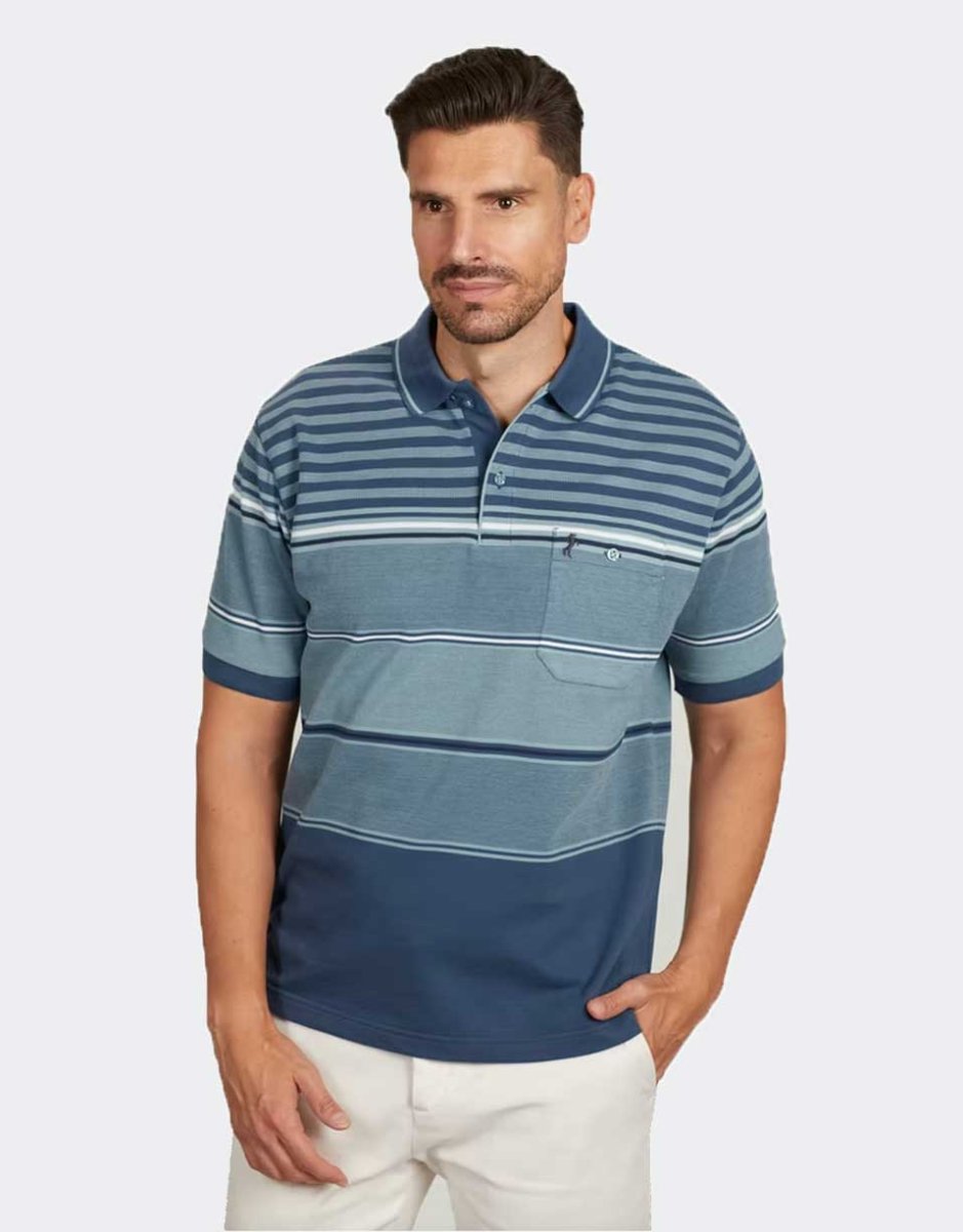 Polo punto piqué con bolsillos de hombre manga corta con rayas y franjas en azules y blanco - Imagen 2