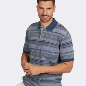 Polo manga corta punto piqué de hombre con bolsillo con rayas pequeñas y desiguales en azules y gris