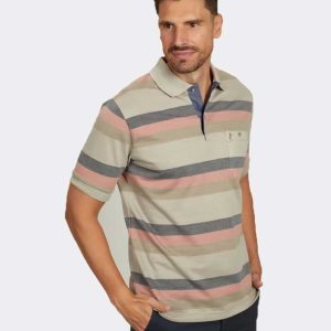 Polo manga corta con bolsillos de hombre punto piqué con franjas de colores combinado con marino, rosado y marrón