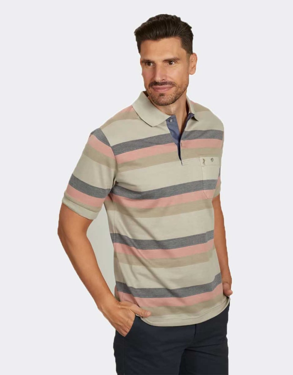 Polo manga corta con bolsillos de hombre punto piqué con franjas de colores combinado con marino, rosado y marrón - Imagen 2