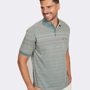 Polo manga corta de hombre punto piqué  con bolsillo con rayas finas blanca, morado beige y azulado