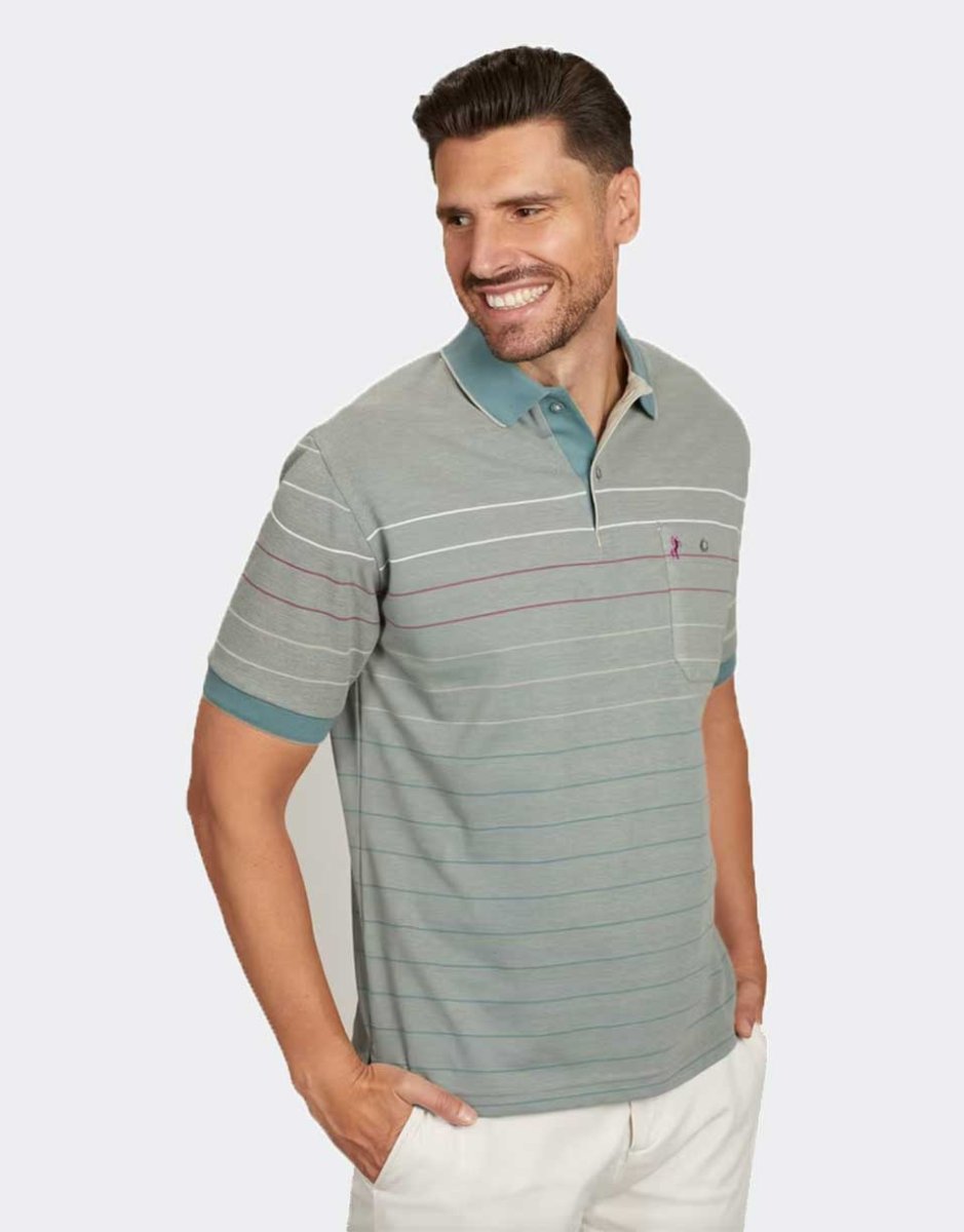 Polo manga corta de hombre punto piqué con bolsillo con rayas finas blanca, morado beige y azulado - Imagen 2