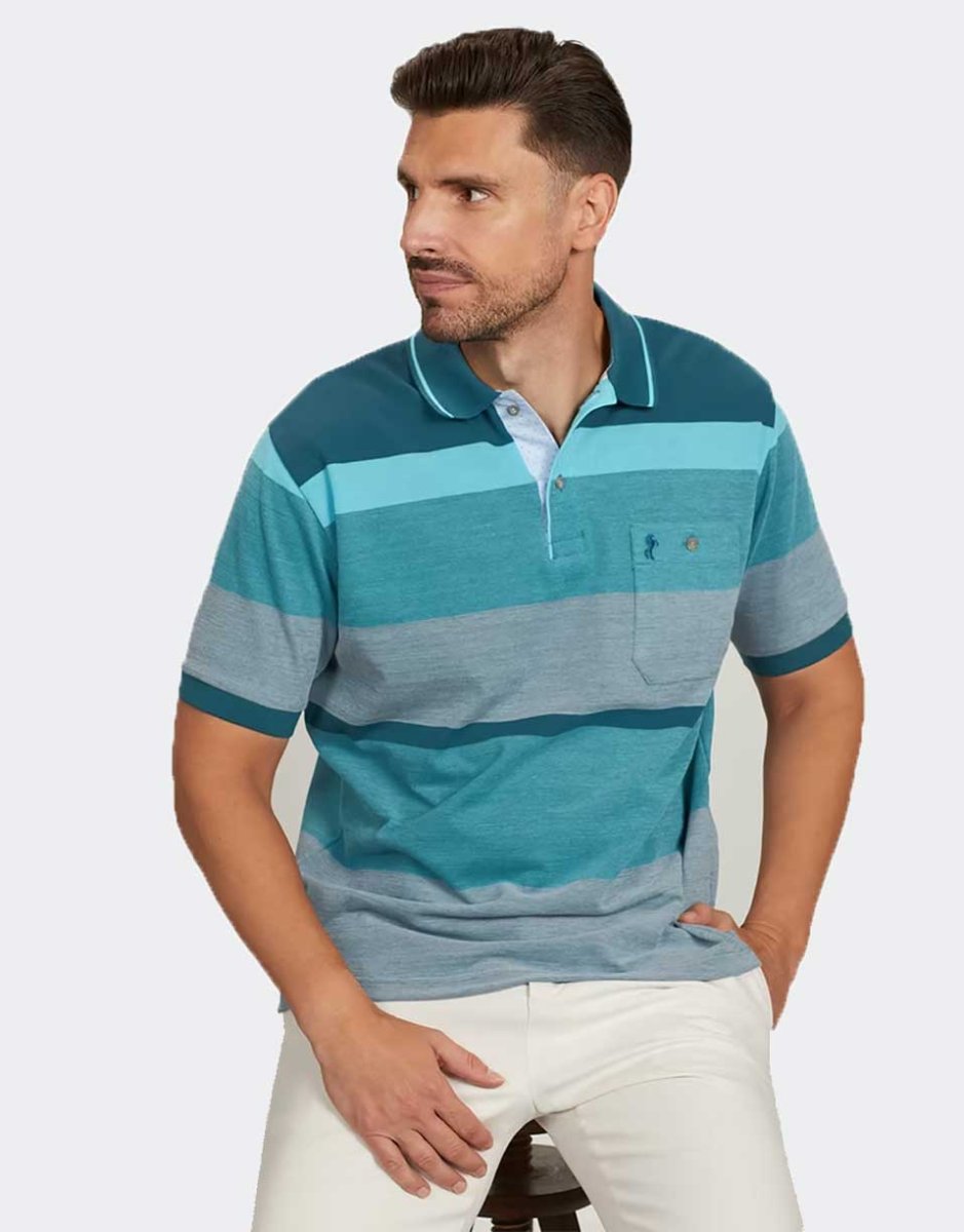 Polo manga corta con bolsillos de hombre punto piqué a franjas desiguales a tonos azules - Imagen 2