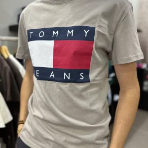 Camiseta Tommy TAUPE logo bandera grande