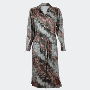 Bata-vestido mujer punto fino estampado geométrico abstracto en tonos verdosos y asalmonados
