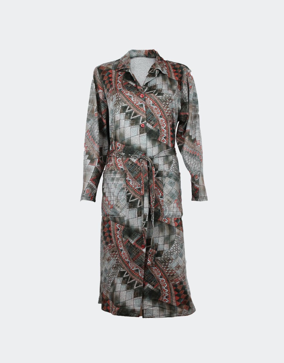 Bata-vestido mujer punto fino estampado geométrico abstracto en tonos verdosos y asalmonados