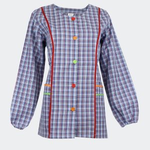 Bata tela mujer CORTA manga larga cuadros azul y rosas