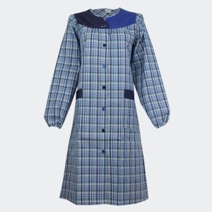 Bata mujer manga larga de tela en cuadros y canesú combinado en dos colores cuadros medianos con azules