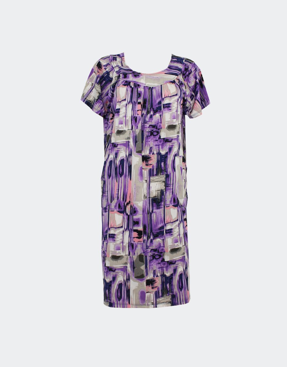 Bata vestido mujer punto MANGA CORTA con bolsillos estampado abstracto - Imagen 3