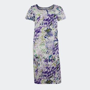 Bata vestido mujer tela MANGA CORTA detalle botones en canesú estampado abstracto en azules, lilas y verdes