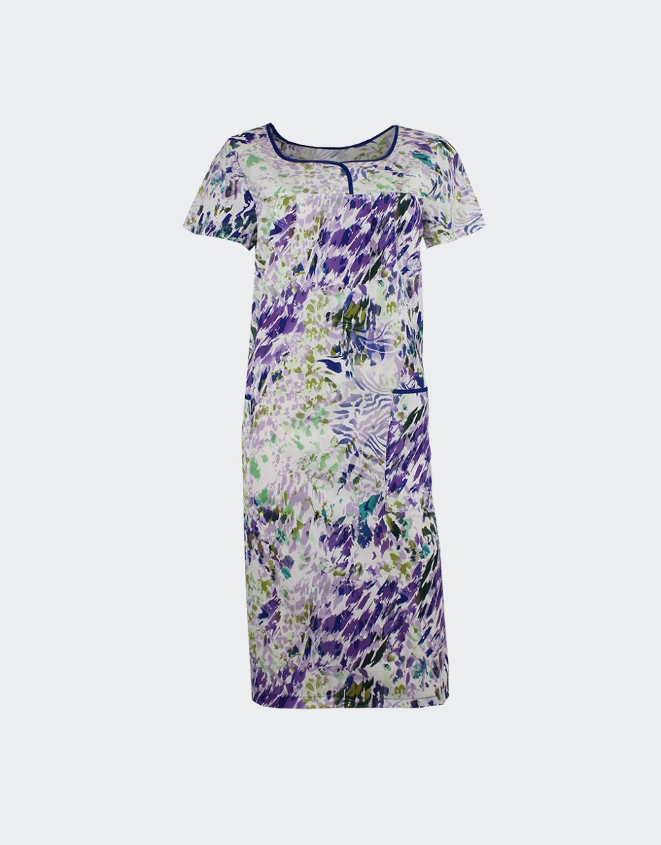 Bata vestido mujer tela MANGA CORTA detalle botones en canesú estampado abstracto en azules, lilas y verdes - Imagen 2