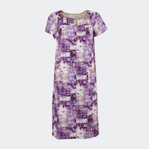 Bata vestido mujer tela MANGA CORTA detalle botones en canesú estampado abstracto en lila, blanco y mostaza