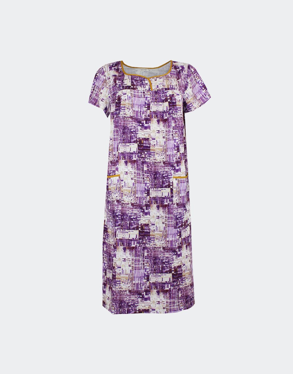 Bata vestido mujer tela MANGA CORTA detalle botones en canesú estampado abstracto en lila, blanco y mostaza - Imagen 2