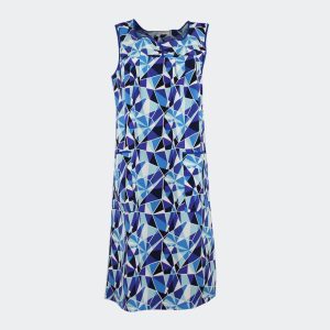 Bata vestido mujer tela SIN MANGAS detalle botones en canesú estampado geométrico en azules
