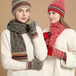 Vintage Jacquard Knit Hat Scarf Gloves Set