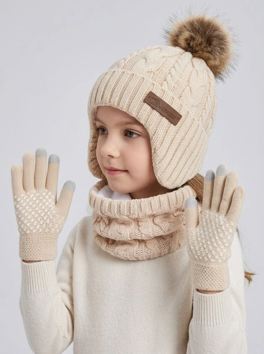 Kids Ear Flap Plush Pom Knit Hat Scarf Gloves Set - Imagen 6