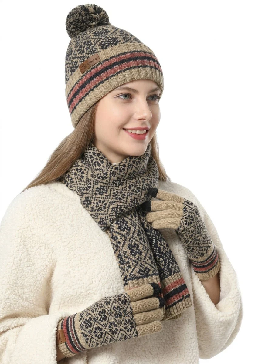 Vintage Jacquard Knit Hat Scarf Gloves Set - Imagen 9