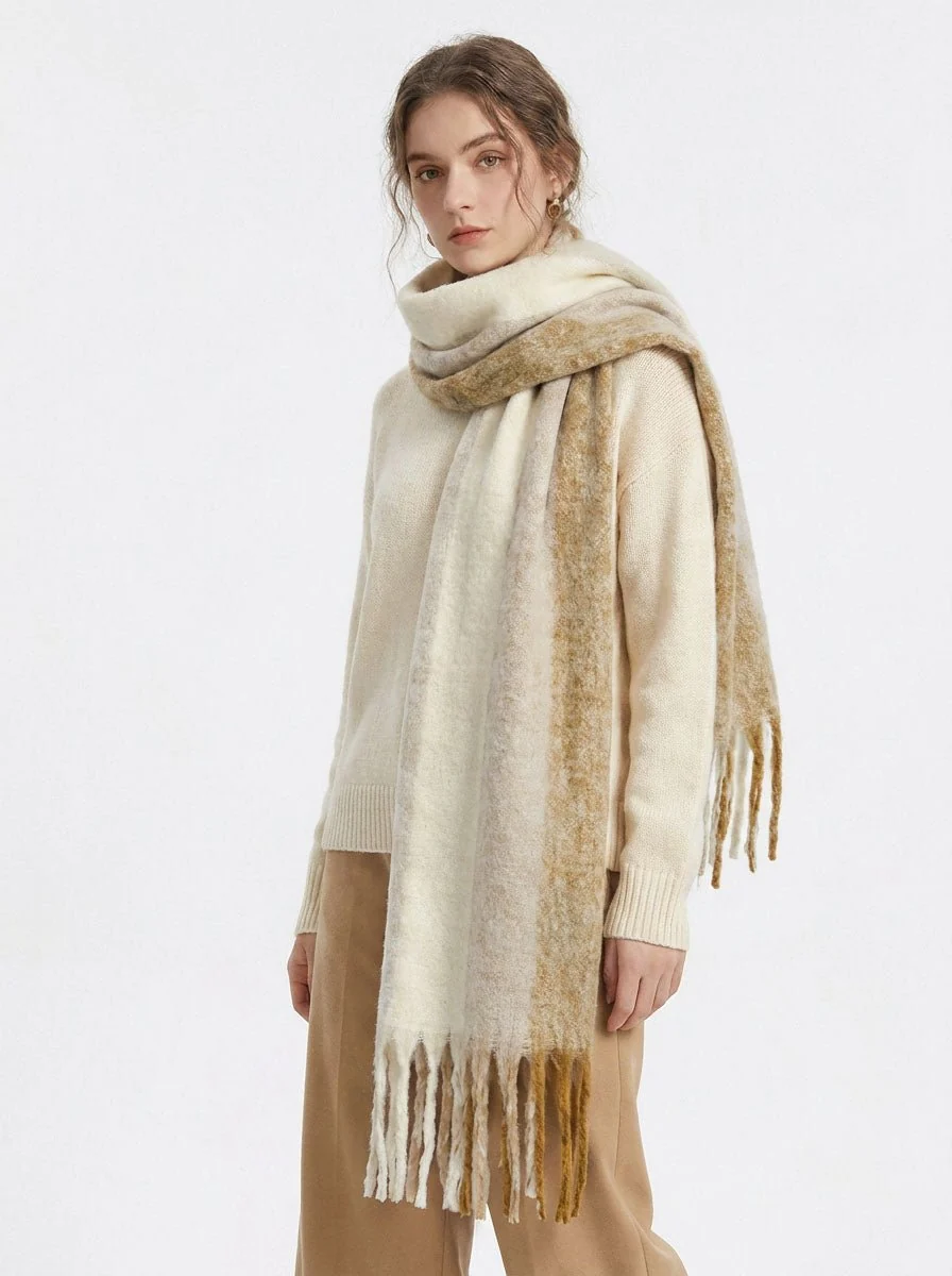 Women Soft Color Block Fringe Scarf - Imagen 8