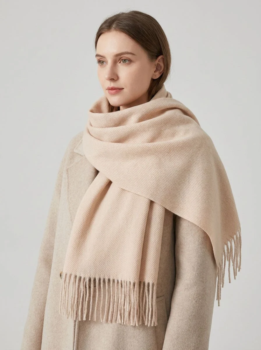 Women Solid Cream Herringbone Woven Scarf - Imagen 8
