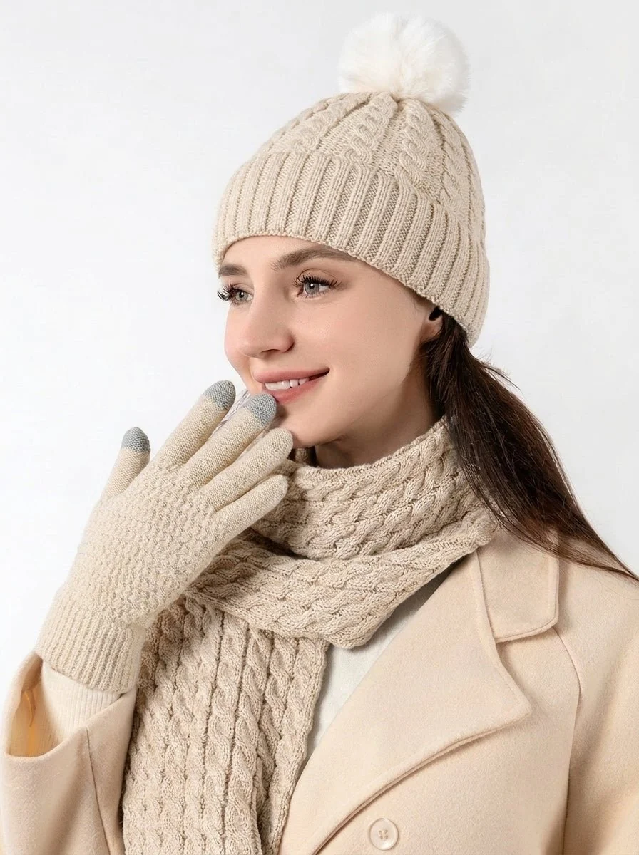 Women Twisted Cable Pattern Knit Hat Scarf Gloves Set - Imagen 8