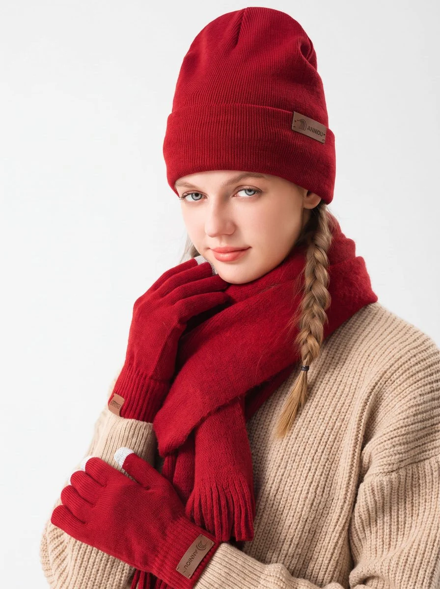 Women Soft Knitted Hat Scarf Glove Set - Imagen 5