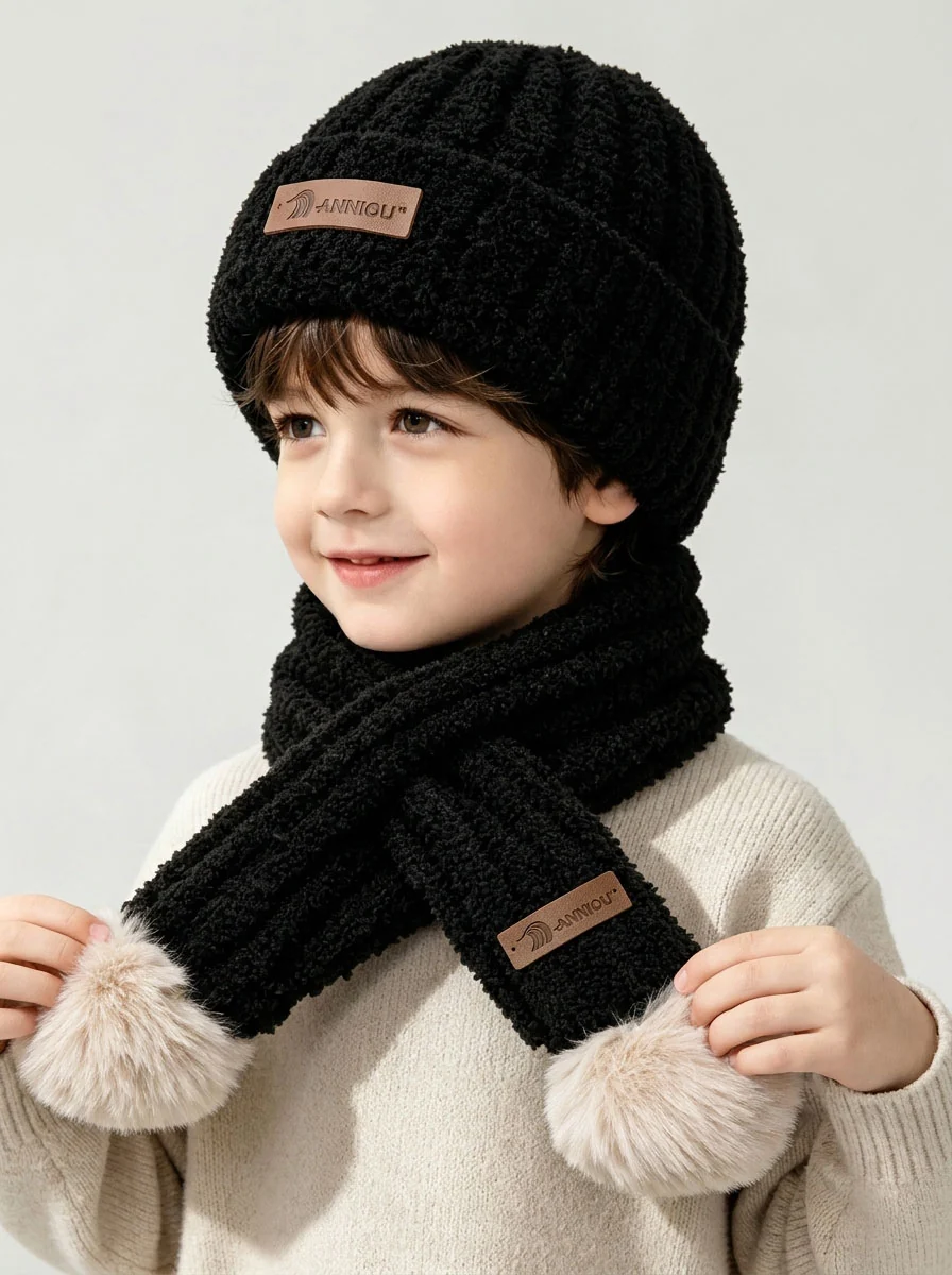 Kid Fuzzy Plush Knitted Hat Scarf Winter Set - Imagen 4