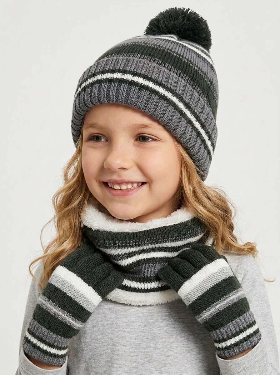 Kids Stripe Plush Pom Knit Hat Scarf Gloves Set - Imagen 5