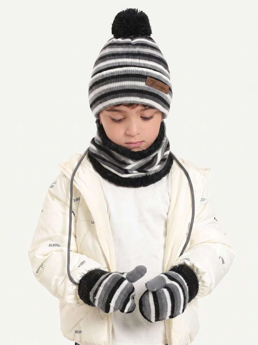 Kids Striped Knit Hat Scarf Mittens Set - Imagen 8