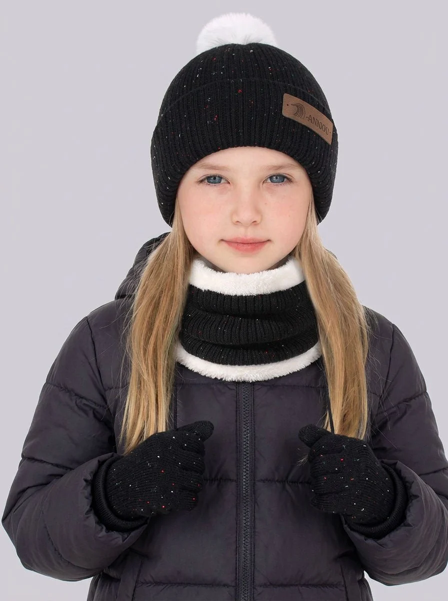 Kids Pom Pom Fleece Knit Hat Scarf Gloves Set - Imagen 6
