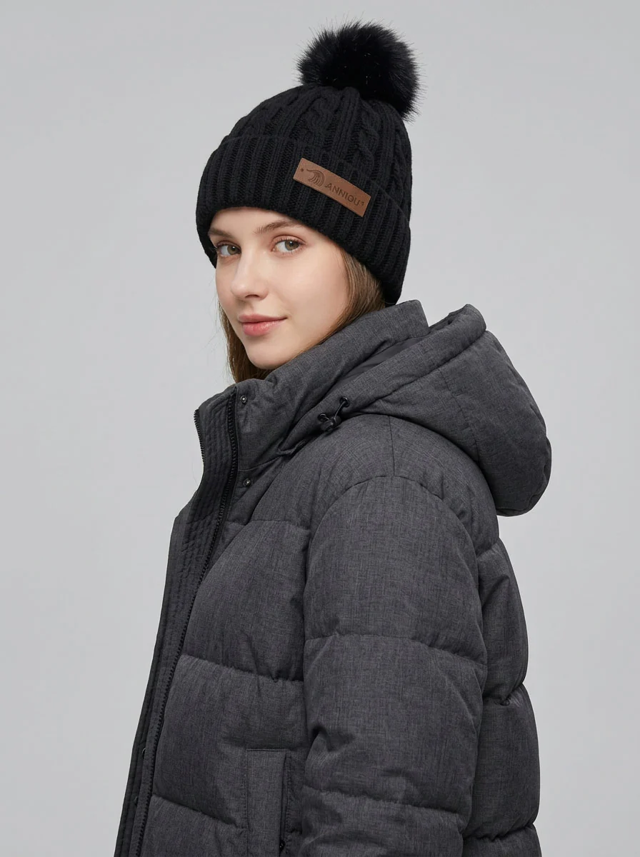 Women Cable Knitted Pom Beanie Hat - Imagen 5