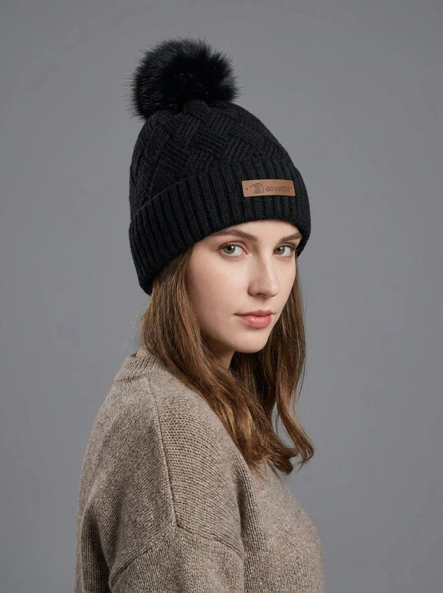 Women Grid Jacquard Pom Knit Beanie Hat - Imagen 6