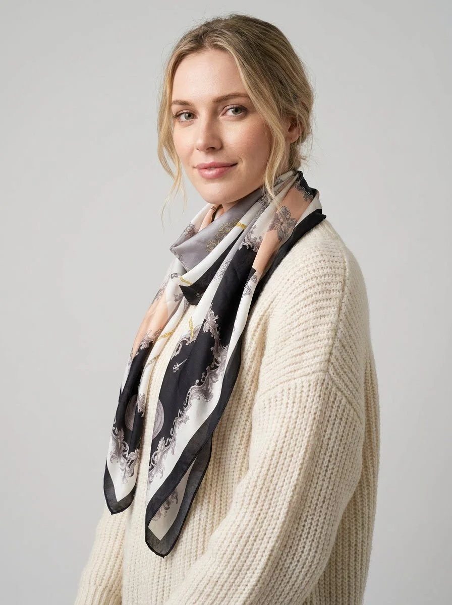 Women Silk Printed Satin Scarf - Imagen 5