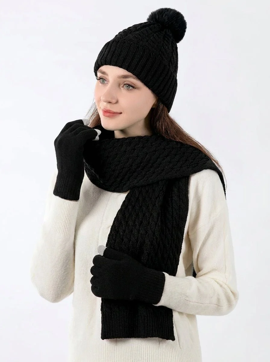 Women Twisted Cable Pattern Knit Hat Scarf Gloves Set - Imagen 6