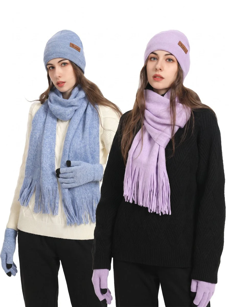 Women Soft Knitted Hat Scarf Glove Set - Imagen 3
