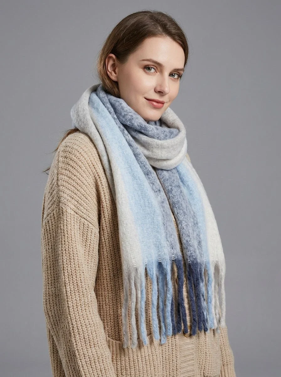 Women Soft Color Block Fringe Scarf - Imagen 6