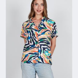 Blusa mujer manga corta cuello estampado abstracto colorines