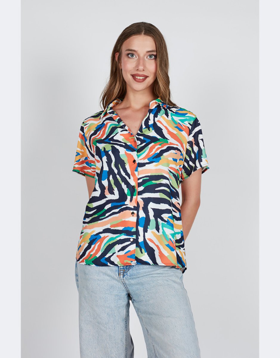 Blusa mujer manga corta cuello estampado abstracto colorines - Imagen 2